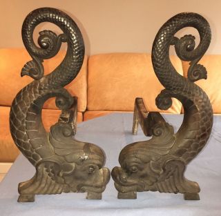 Antique Solid Brass Bradley & Hubbard Andirons 9512 Submariner Mythical Dolphins photo
