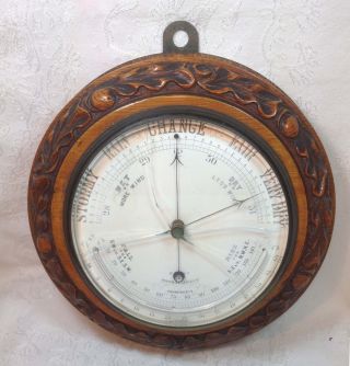 Antique Wood Carved Wall Barometer & Thermometer photo