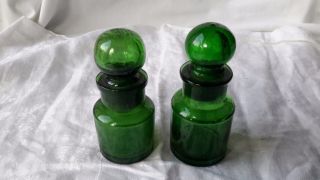 Antique Green Glass Apothecary Pharmacy Vintage 2 Druggist Bottles W Stoppers photo