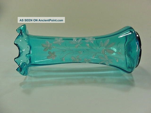 Victorian Era Blue Blown Glass White Floral Enamel Decorated Vase - Ruffled Rim Vases photo