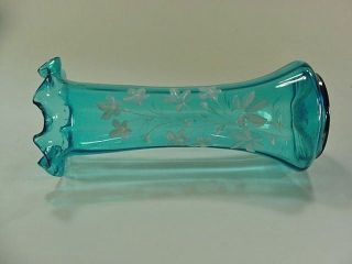 Victorian Era Blue Blown Glass White Floral Enamel Decorated Vase - Ruffled Rim photo