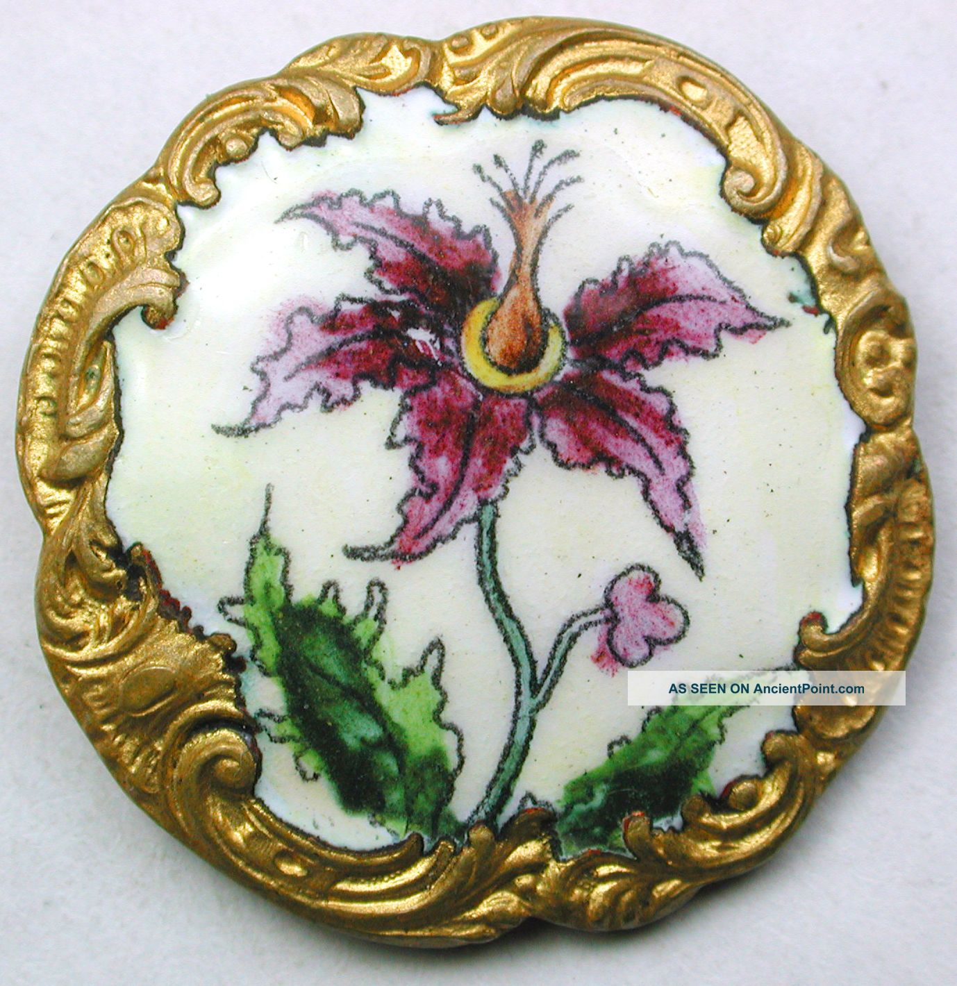Antique French Enamel Button Detailed Hand Painted Orchid Design - Paris Back Buttons photo