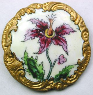 Antique French Enamel Button Detailed Hand Painted Orchid Design - Paris Back photo