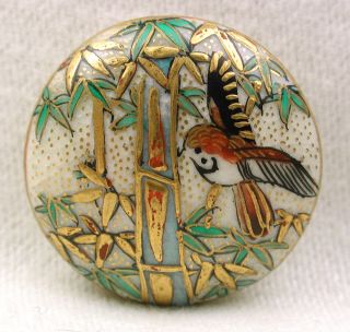 Antique Meiji Satsuma Button Detailed Bird & Bamboo Scene W/ Gold Accents 7/8 