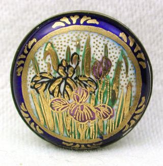 Antique Meiji Satsuma Button Iris Flowers W/ Cobalt Border In Brass Back 3/4 