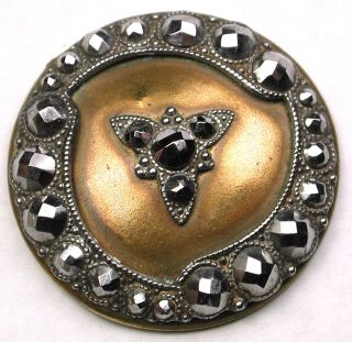 Lg Sz Antique Brass Dome Button Fancy Cut Steel Accents - 1 & 1/4 