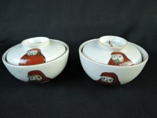 B7308:japanese Old Kutani - Ware Daruma Pattern Tea Bowl/dish Of Soup With The Lid photo