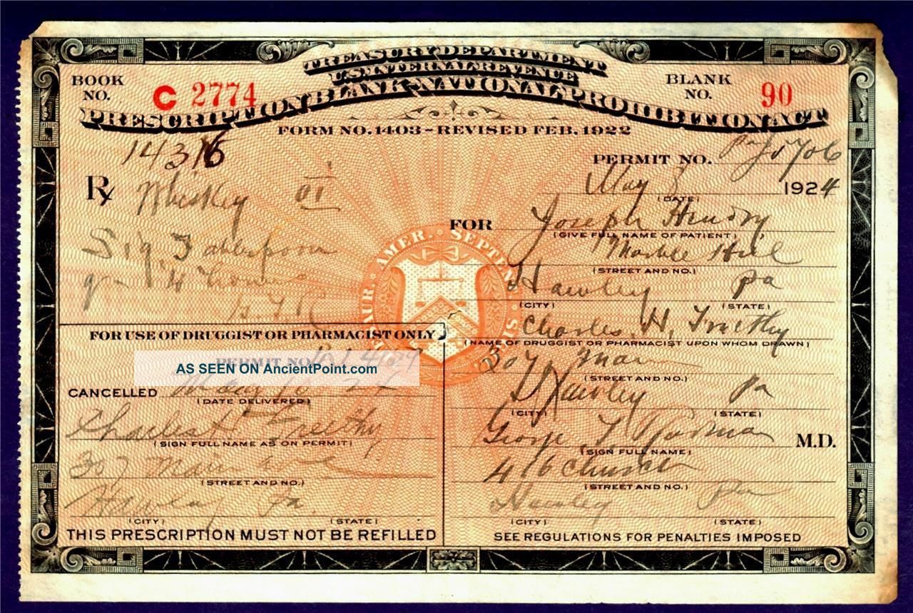 Prohibition Prescription Whiskey Antique Doctor Rodman Bar Marble Hill Hawley Pa Other Medical Antiques photo
