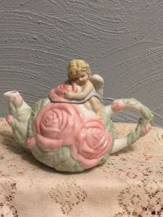 Vintage Avon Tea Pot - Porcelain Figural Cherub Angel Floral Repousse Pretty photo