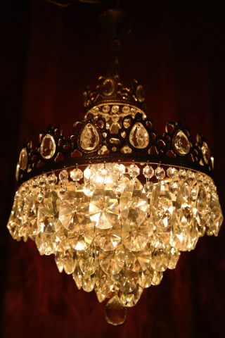 Antique Vnt French Basket Style Crystal Chandelier Lamp 1940s 14in Dmter photo