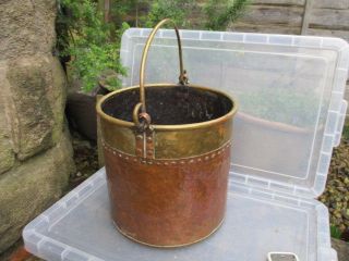 Antique Copper & Brass Bucket Planter Tub Rivets C1900 Vintage Old Garden Handle photo