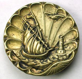 Lg Sz Antique Brass Button Fancy Sailing Ship & Lighthouse Scene - 1 & 5/16 