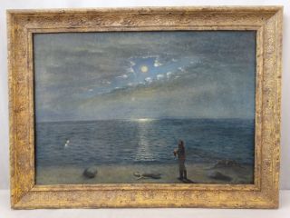 19thc Antique Victorian Shipwreck Dead Lady Wreckage Moonlit Beach Oil Painting photo