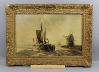 19thc Antique Charles John De Lacy French Fishing Boat Seascape Oil Painting Nr photo