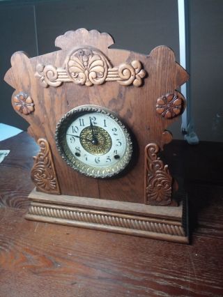 Antique Ingraham Wooden (oak?) Gingerbread Mantel Clock photo