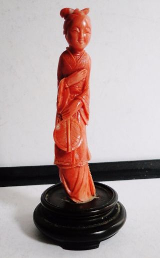 Chinese Red Coral Statue Carving With Mirror Circa 1940 51 Gram photo