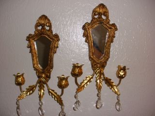 Vintage Italian Gold Gilt Tole Wall Mirror Candle Holder Sconces photo