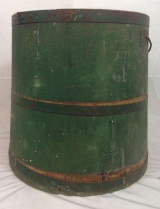 Antique Wooden Country Farm House Green Wash Bucket W/ Handle Vintage Wood Metal photo