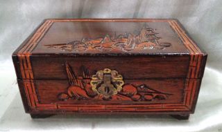 Chinese Antique Wooden Carved Jewelry Box W/ Oriental Landscape Designs - 4x8x5 