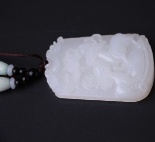 Chinese Natural White Hetian Jade Pendant Hand - Carved Necklace Sanyangtaitai photo