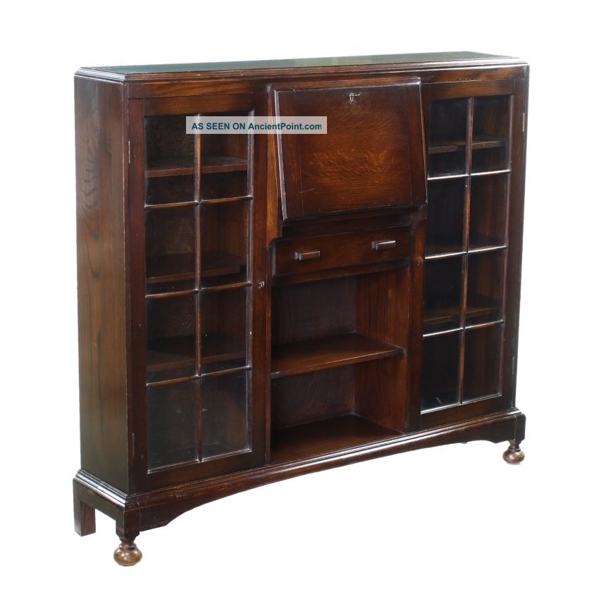 Glazed Oak Art Deco Display Cabinet Writing Table Desk Bureau Bookcase 1900 - 1950 1900-1950 photo