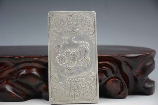 Chinese Of Tibet Silver Carving 12 Zodiac Tiger Thangka Amulet photo
