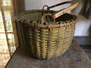 Early Antique Swing Handle Gathering Basket Mustard Paint Aafa 19th C photo