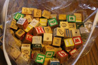 Assortment Of 49 Antique Children ' S Wood Wooden Toy Alphabet Picture Blocks photo