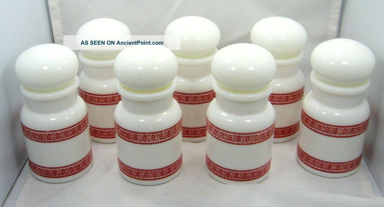 8 Vintage Milk Glass Apothecary Pharmacy Spice Jars Made In Belgium Red & White Bottles & Jars photo