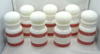 8 Vintage Milk Glass Apothecary Pharmacy Spice Jars Made In Belgium Red & White photo