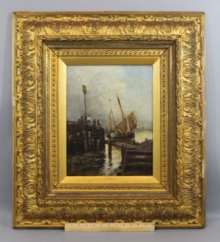Antique 1880 Fred Airy O/c Oil Painting British Fishing Boat & Docks Gilt Frame photo
