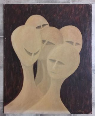 The Silent Majority - Circa 1970 Mid - Century Modernist Painting - Of Aliens ? photo