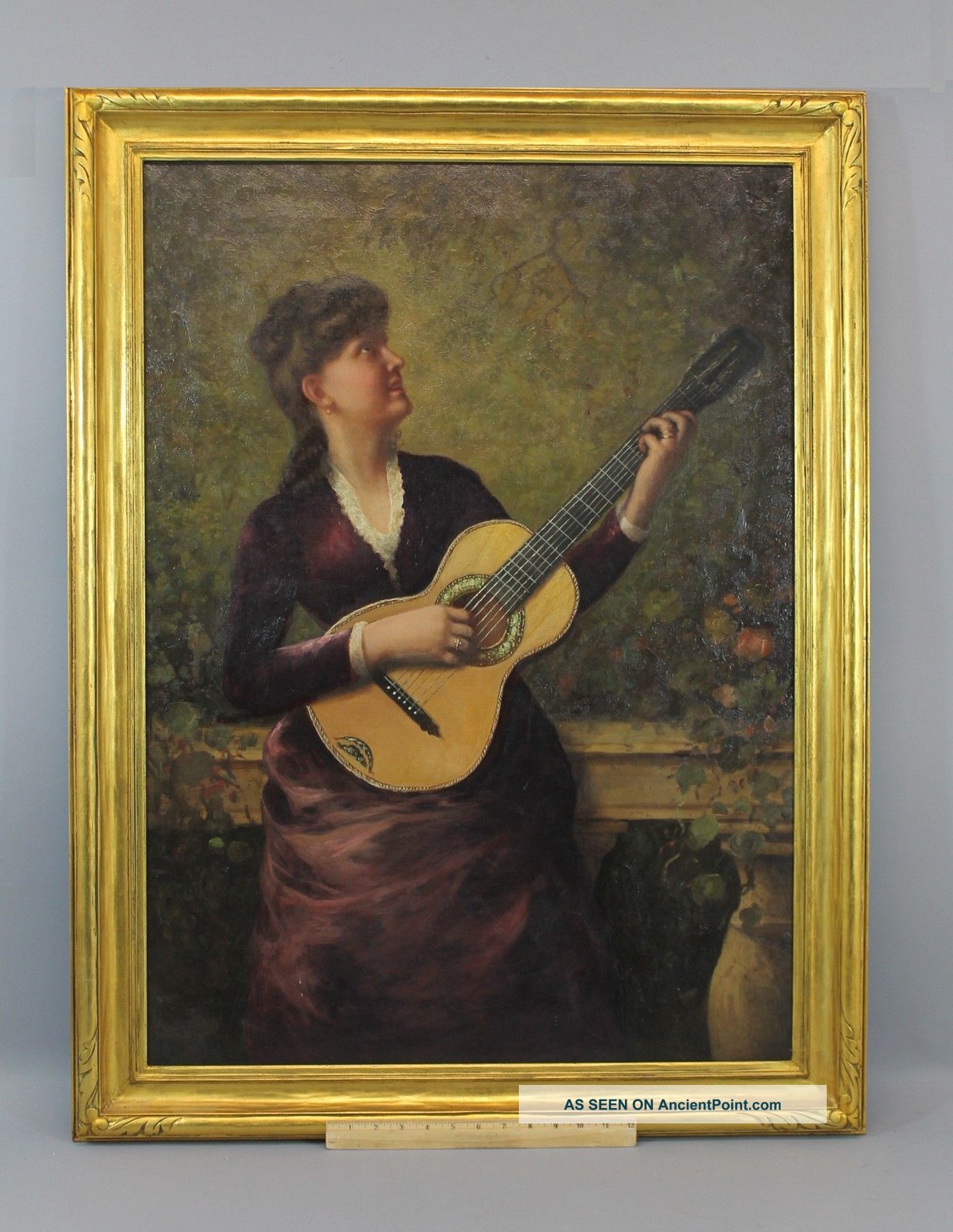 Antique O/c Oil Painting Young Lady Singing & Playing Parlor Acoustic Guitar Nr String photo