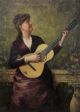 Antique O/c Oil Painting Young Lady Singing & Playing Parlor Acoustic Guitar Nr String photo 1