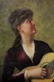 Antique O/c Oil Painting Young Lady Singing & Playing Parlor Acoustic Guitar Nr String photo 2