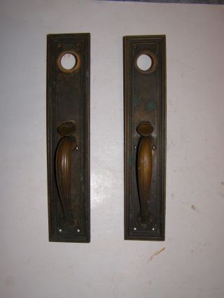 2 Vintage Yale Large 15 Inch Brass/bronze Door Pull With Thumb Latch Plates photo