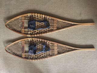 Rare Old Antique Vintage Tubbs Huron Snowshoes Leather Bindings Beaver Style photo