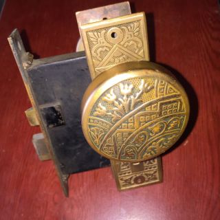 Antique Victorian Brass Ceylon Eastlake Lockset With Skeleton Key 10 photo