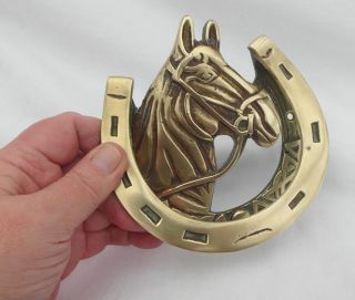 Lge Vintage Brass Door Knocker - Horse Head & Horseshoe Equestrian Theme England photo
