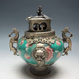 Old Porcelain & Tibet Silver Hand Painted Incense Burner & Lid photo