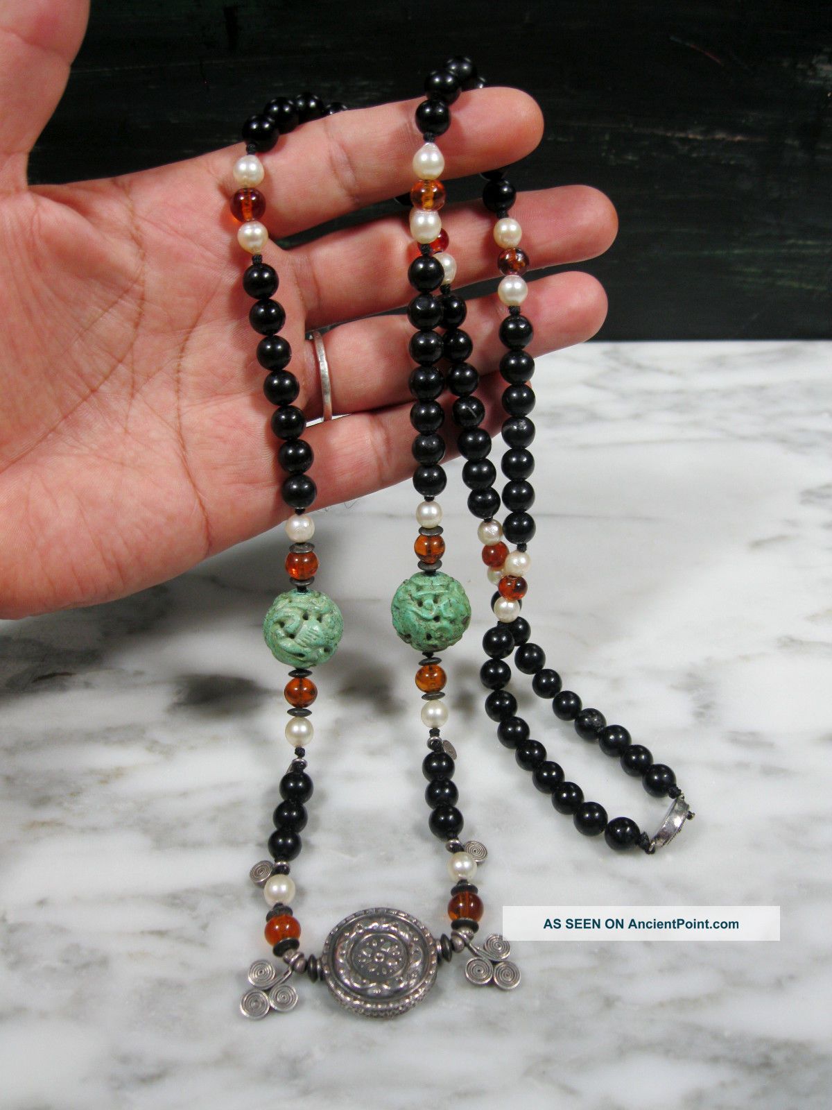Antique Chinese Black Nephrite Jade Amber Carved Turquoise Pearl Silver Necklace Necklaces & Pendants photo