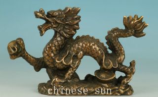 Asian Chinese Old Bronze Handmade Carving Dragon Collect Statue Figure photo