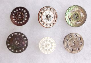 Buttons Antique Carved Pierced Mother Of Pearl Abalone Smoky photo