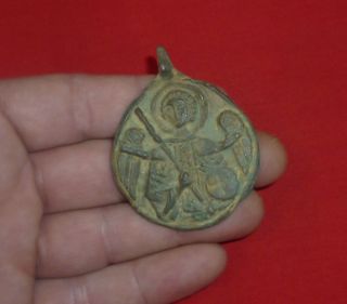 Byzantine Ancient Bronze Medallion - With Image Of Saint Circa 1200 - 1300 Ad photo
