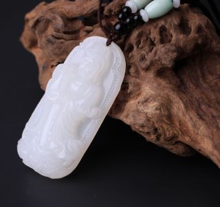 Chinese Natural White Hetian Jade Pendant Hand - Carved Necklace Guanyin. photo