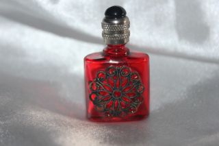 Vintage Miniature Perfume Bottle Red Glass Gold Filigree Design photo
