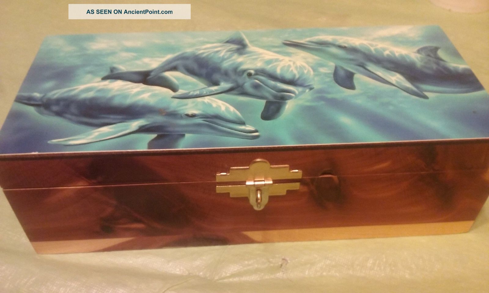 Vintage Cedar Wood Storage Box - With Swimming Dolphins Pic (3 T X 9 1/4 L X 4 W) Boxes photo