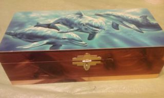 Vintage Cedar Wood Storage Box - With Swimming Dolphins Pic (3 T X 9 1/4 L X 4 W) photo