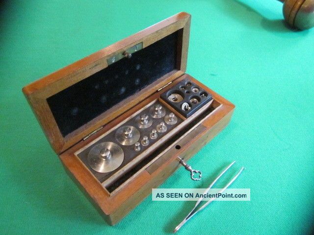 Antique Jewelers / Apothecary Weights - Mahagony Box With Key Scales photo