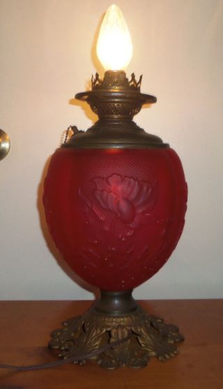 Antique Pittsburg Red Poppy Glass Gwtw Converted Hurricane Lamp photo